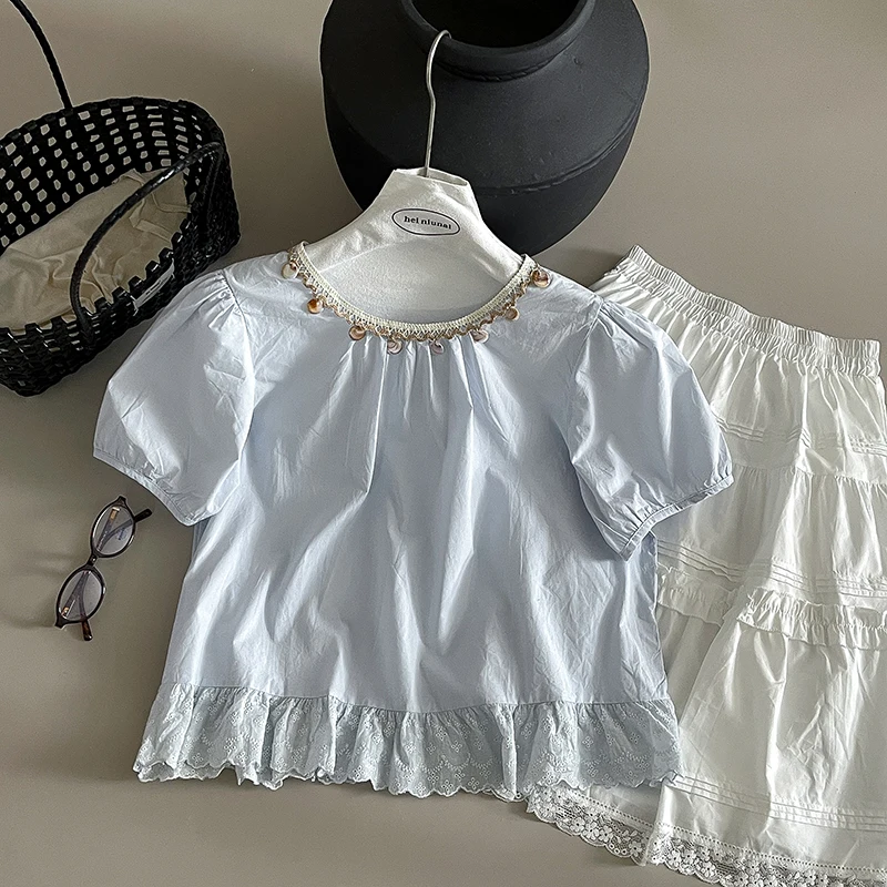 

Wedbleser Solid Lace Round Neck Shirt Cardigan Women 2025 Summer New Short Sleeved Personalized Versatile Western-style Top
