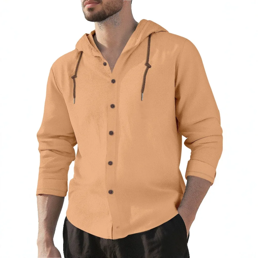 Beach Vacation Drawstring Hood Button Front Long Sleeve Textured Shirt Loose Lightweight Breathable Sweatshirt for Men Clothing