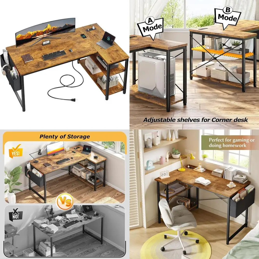 

40 Inch L-Shaped Gaming Desk with Storage Shelves, Side Bag, and Power Outlets - Brown