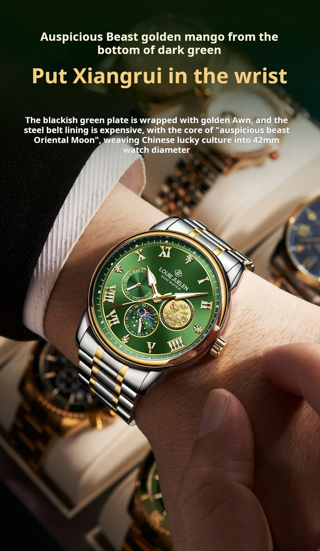 Fashion Men Sun Moon Phase Quartz Watch Luminous 30M Waterproof Alloy Case Business Casual Male Wrist Watch