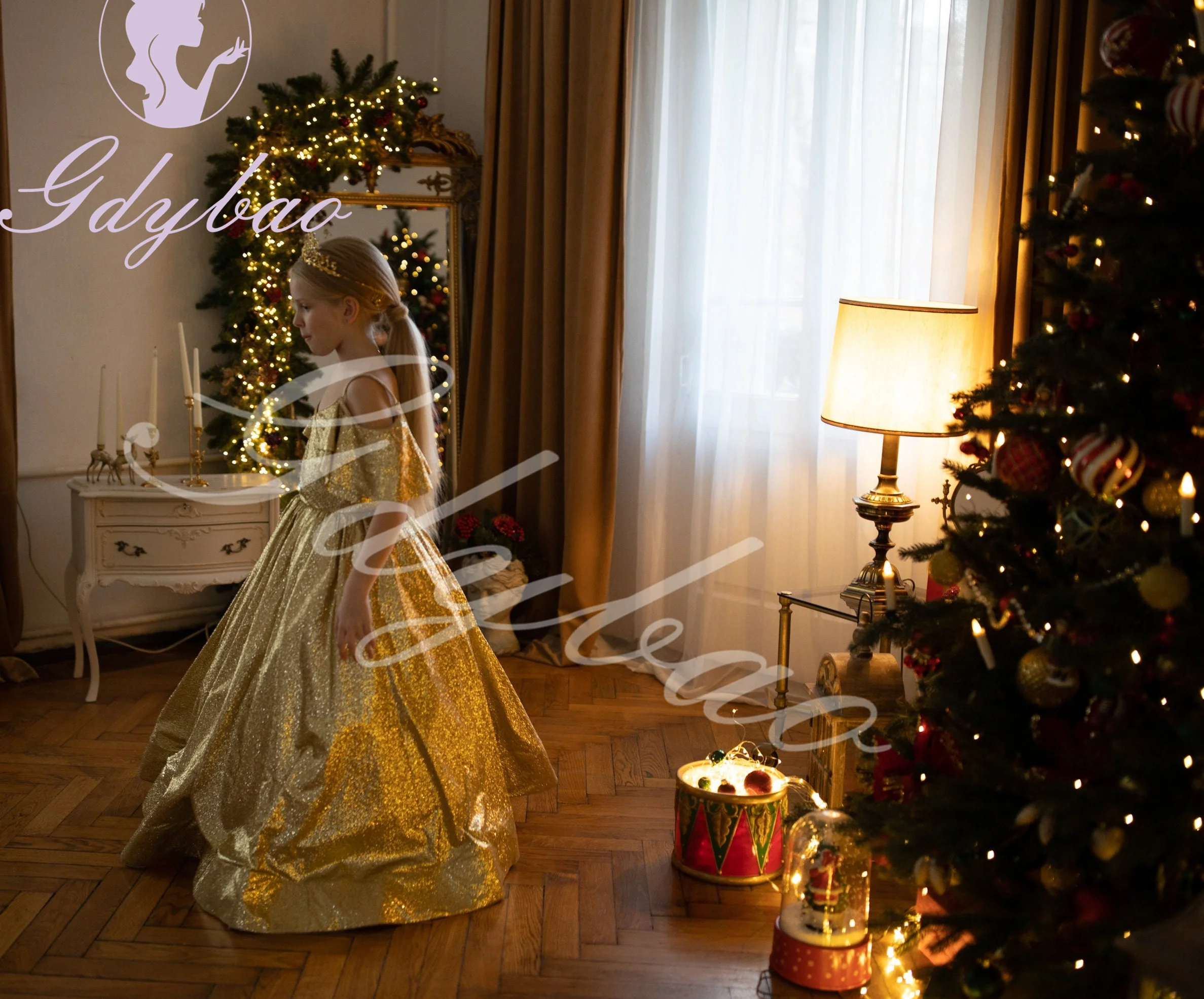 Abito da ragazza di fiore dorato per matrimonio Abito natalizio lungo fino al pavimento per fotografia Abito da prima comunione per festa di compleanno per bambini principessa