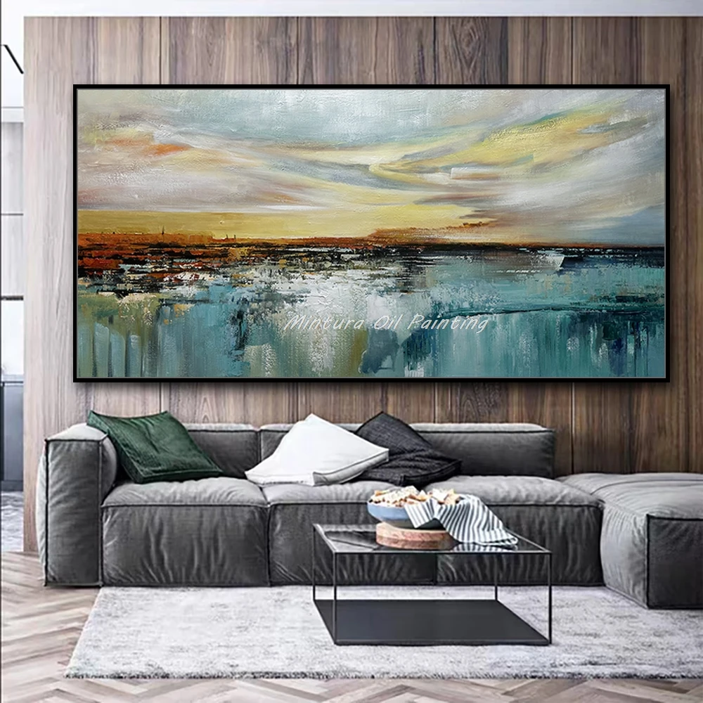 Mintura,Handpainted Lake view Landscape Oil Painting on Canvas Abstract Gold Art Posters Wall Picture for Living Room Home Decor