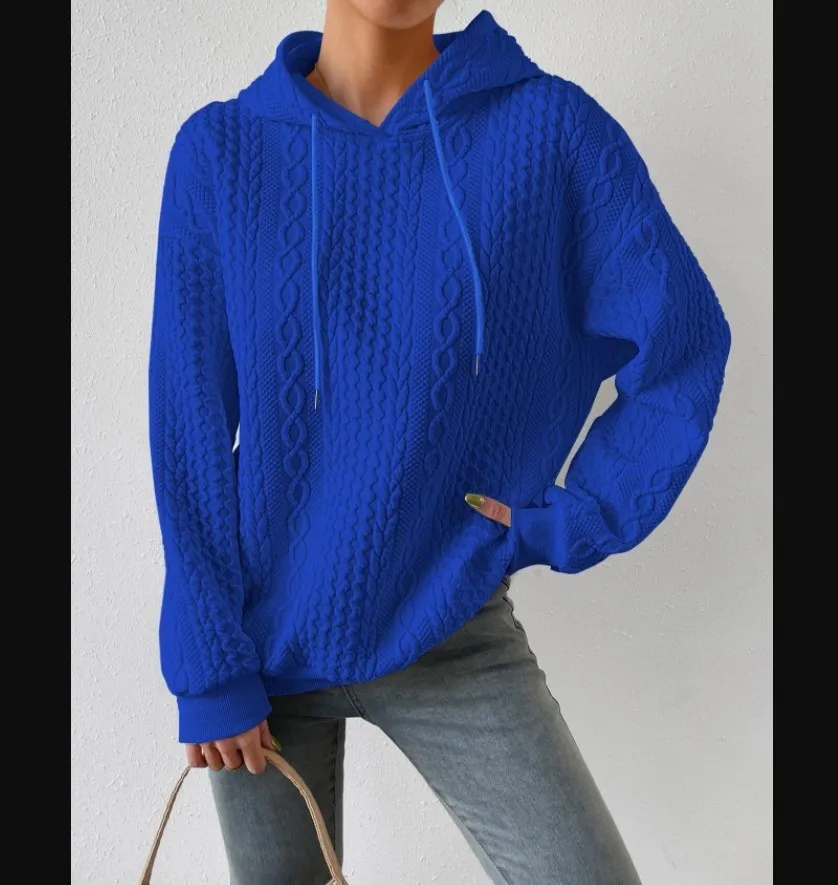 Women's Oversized Medium Weight Long Sleeve Solid Color Hoodie with Drawstring Casual Mid-Length Jacquard Women's Sweatshirt