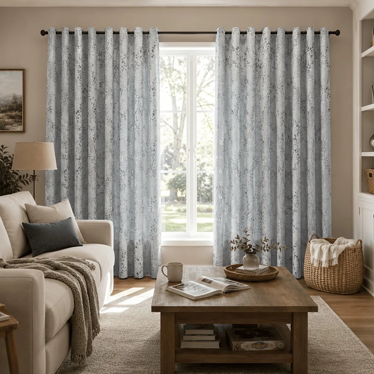 1pc Silver Gray Floral Jacquard Eyelet Curtain, Wrinkle Resistant Fade Proof for Living Room Bedroom Balcony Bay Window