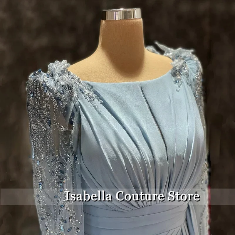 Elegant Wedding Guest Gowns for Women Light Sky Blue Chiffon Mother of the Bride Dress Long Sleeves Beaded Split Celebrity Dress