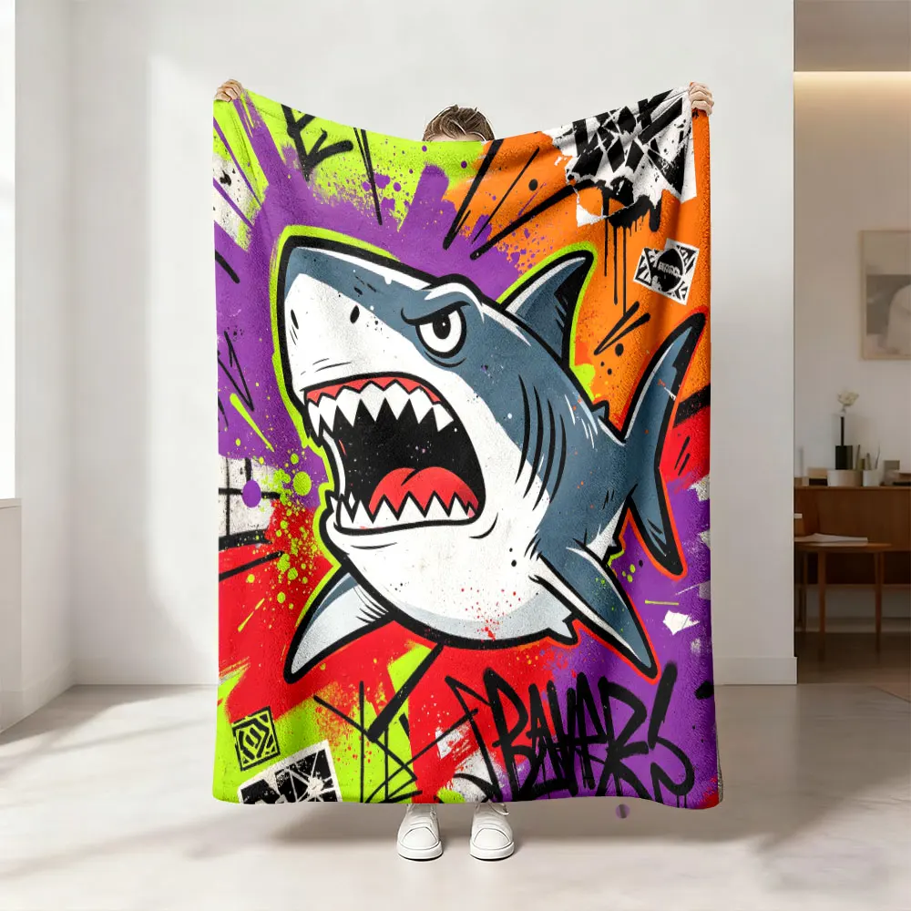 Graffiti Shark Streetwear Printed Flannel Blanket Trendy Cool Hip Hop Style Soft Warm Throw Blanket