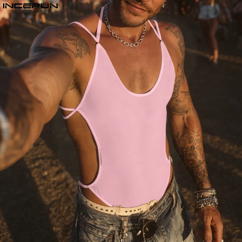 INCERUN Bodysuit Pria Jaring Transparan Tanpa Lengan Seksi Romper Playsuit 2025 Kerah V Fashion Warna Solid Bodysuit Pria S-5XL
