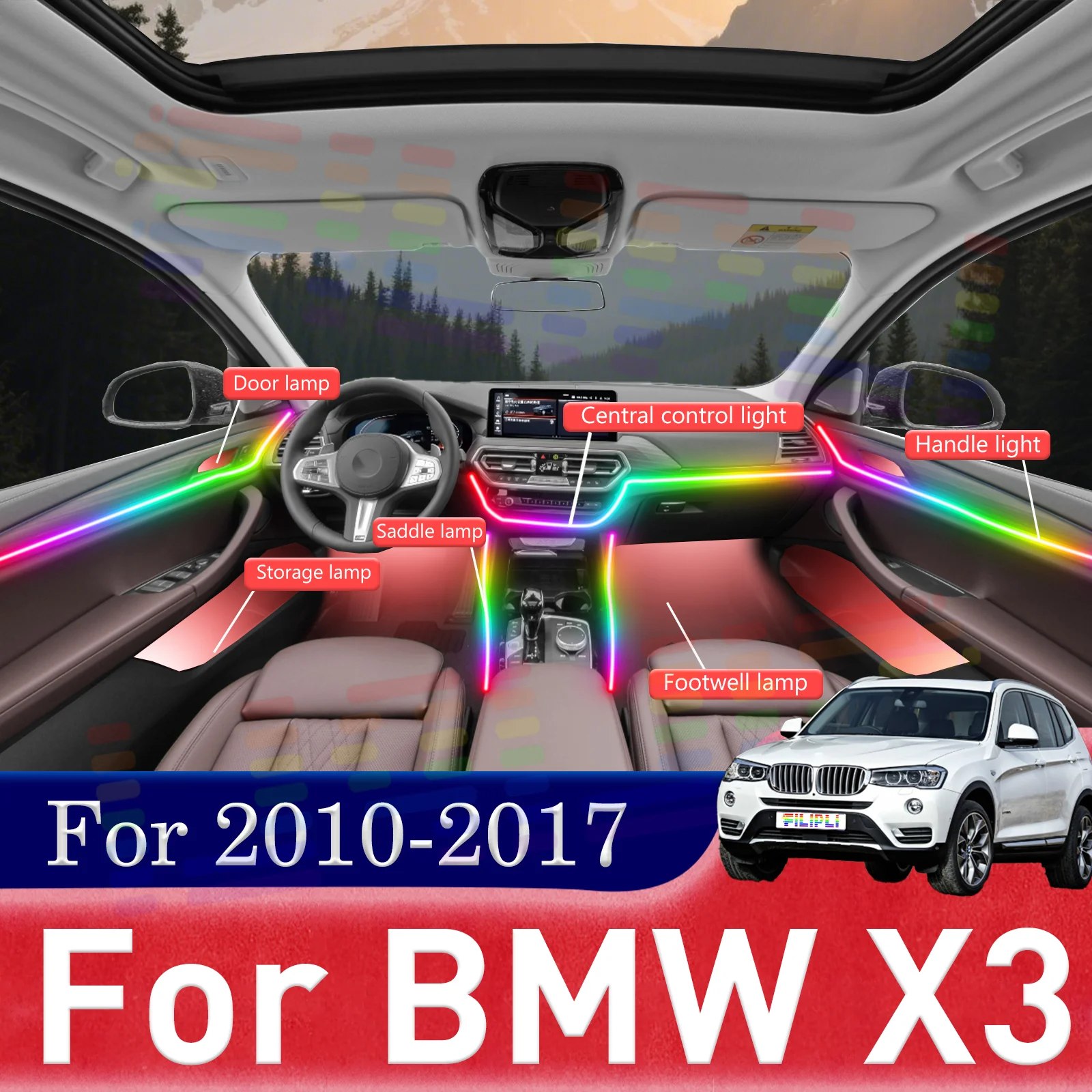 6 In1 for BMW X3 E83 F25 Car LED Ambient Lamps Colorful Atmosphere Lights Auto Interior Neon Strip 64 RGB Lighting 12V 64 colors