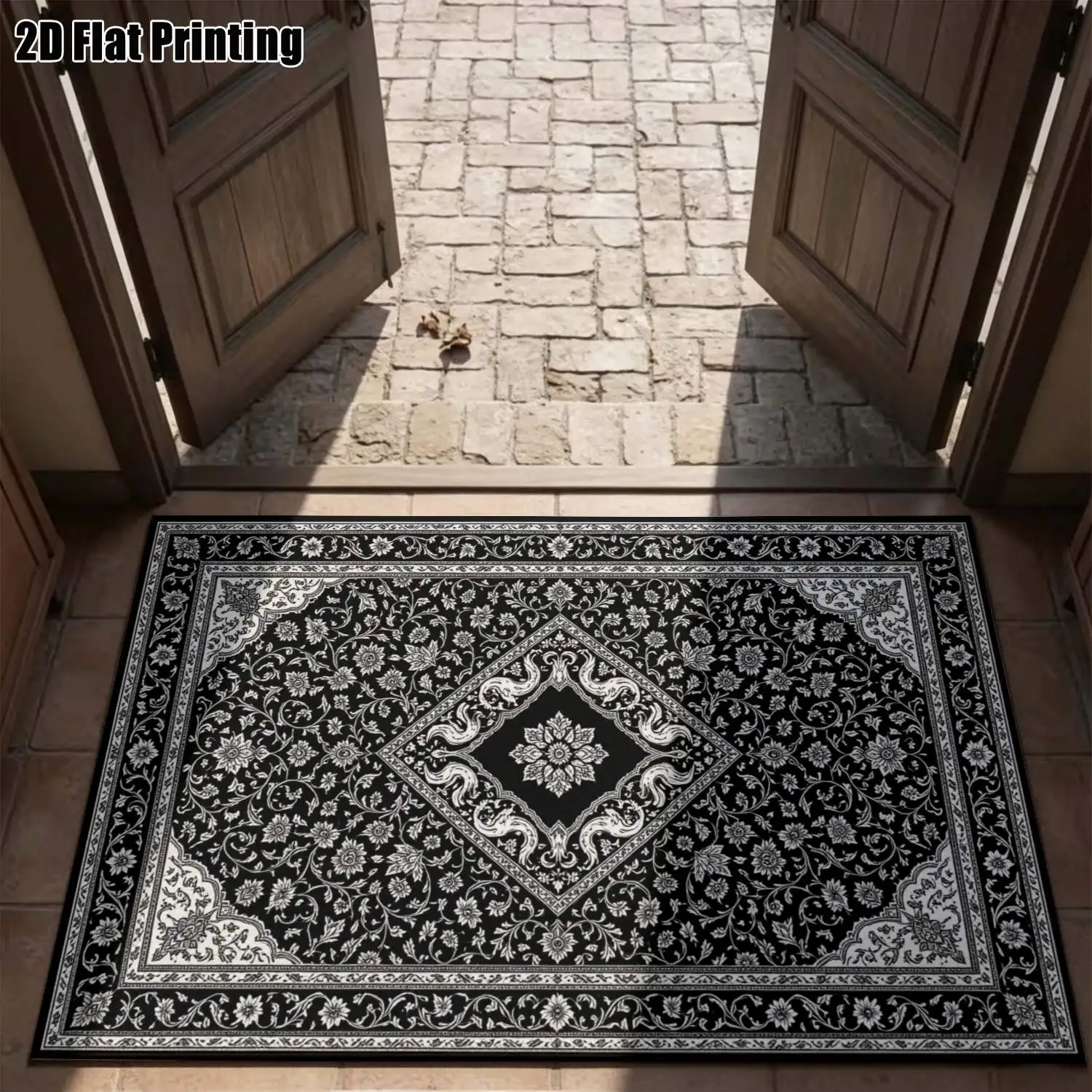 1Pc 2D Printed Carpet: Black-Gray Retro Scrolling Flower Pattern, European/Retro/Simple Style, Home Decor, Multi-Size, Machine Washable, Can Be Used as a Door Mat, Dining/Foyer/Study/Living/Bedroom Carpet