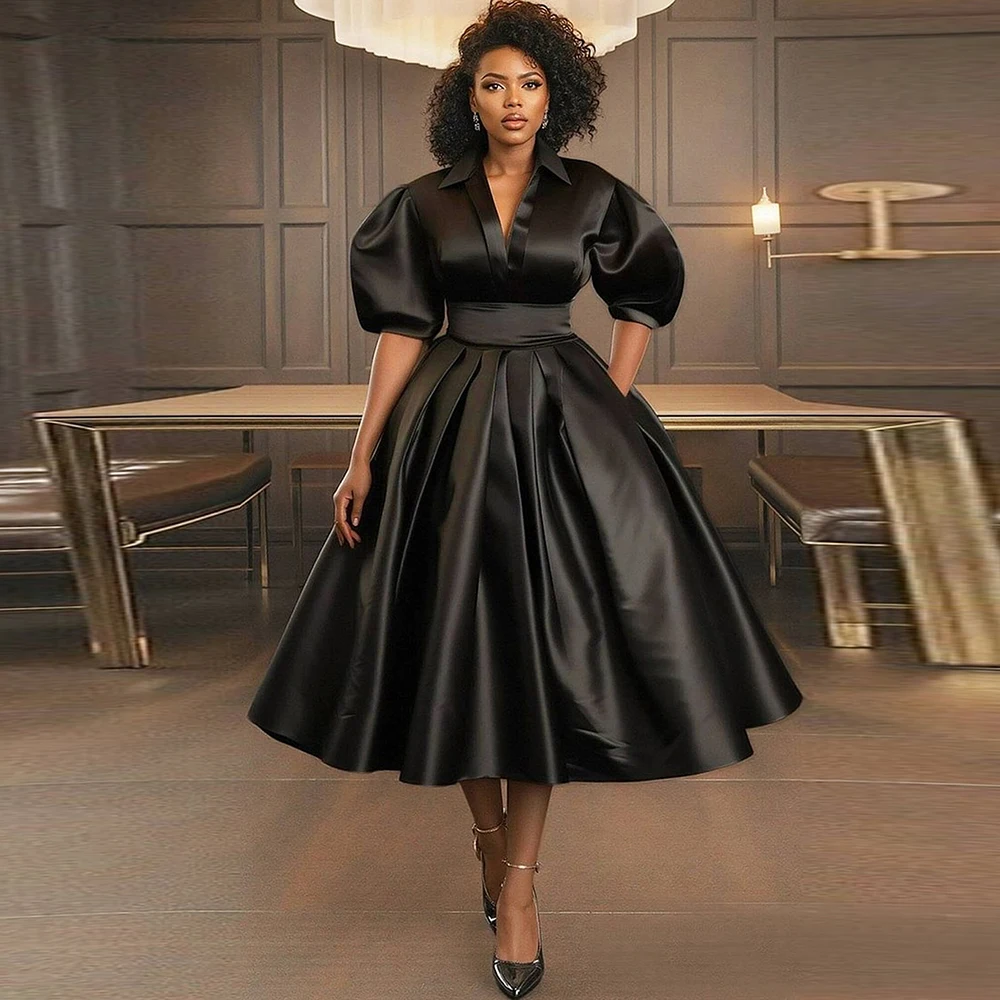 

Women's Elegant Black Satin Evening Midi Dress Solid Puff Sleeve V Neck High Waist Pleated Ball Gown A-Line Ruched Long Dresses
