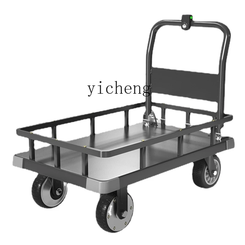 Zc Electric Four-Wheel Platform Trolley Hand Push Storage Transport Elevator Moving Trolley Pull Trailer Folding