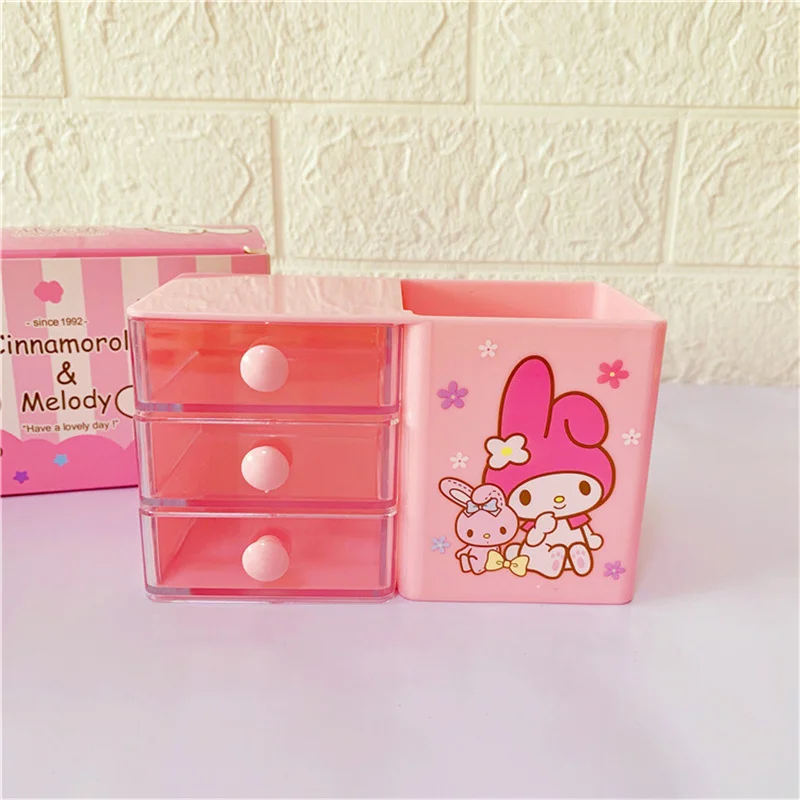 Caixa com Gaveta Kawaii Sanrio, Porta-canetas, Organizador com Grades, Grande Capacidade, Escritório, Meninas, Kuromi, My Melody, Estudante, Mesa