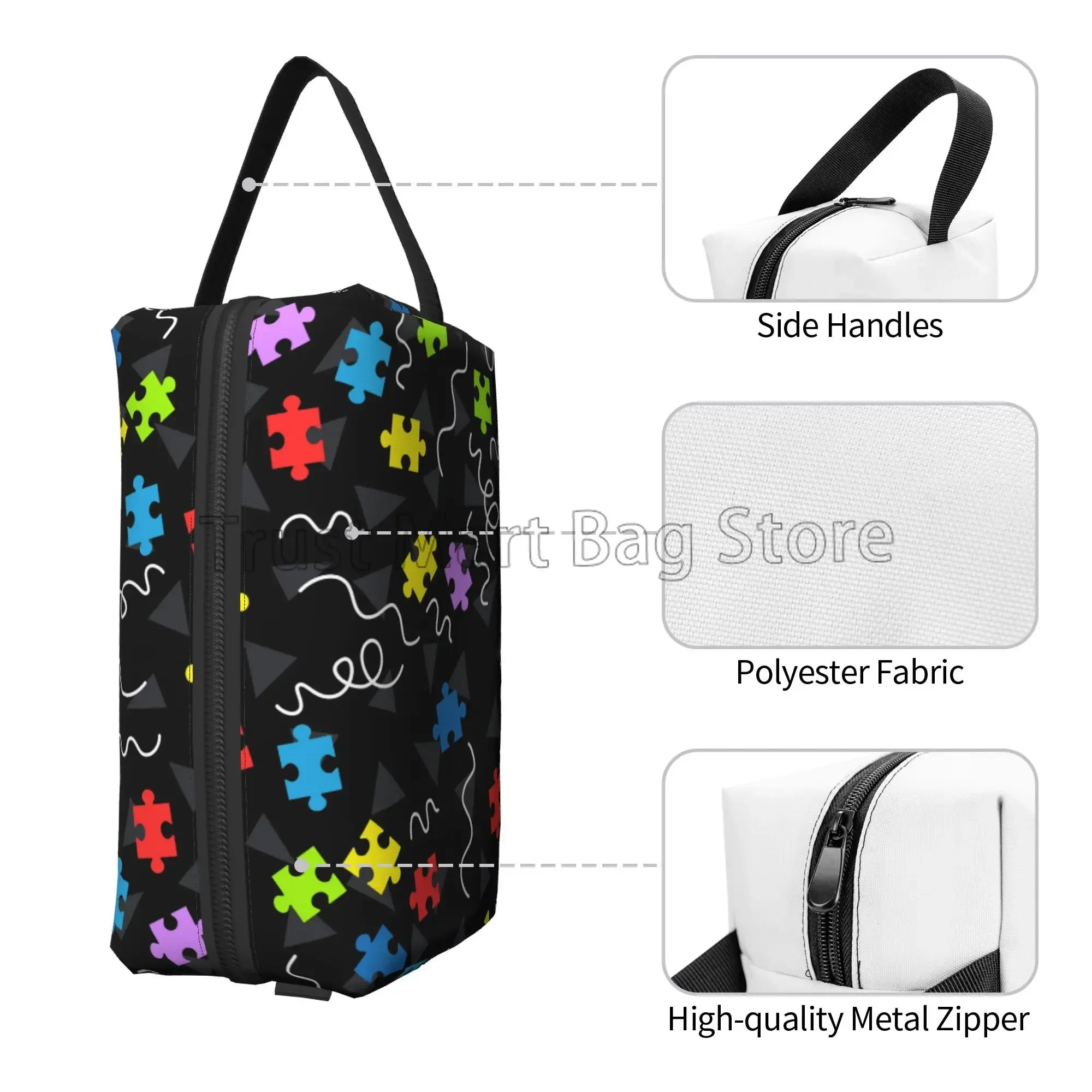 Autism Awareness Puzzle Piece Pattern Toiletry Bag Portable Large Capacity Travel Cosmetic Bag Make Up Organizer Pouch