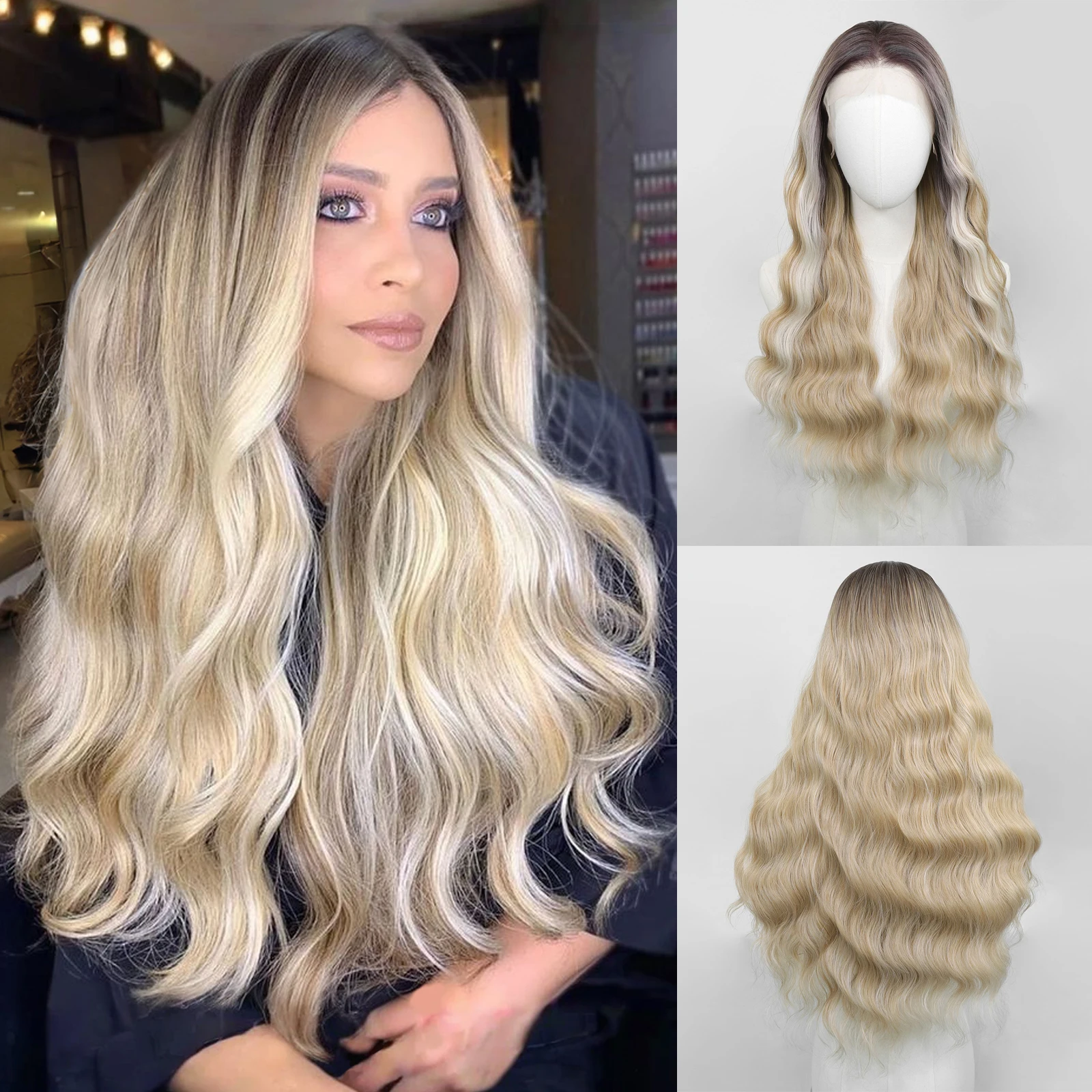 

Синтетический парик с длинными волнистыми волосами 24 дюйма, с кружевной передней частью, для женщин, с омбре-эффектом, светлые мели с темными корнями, 13*4 дюйма, парик с свободной линией разграничения