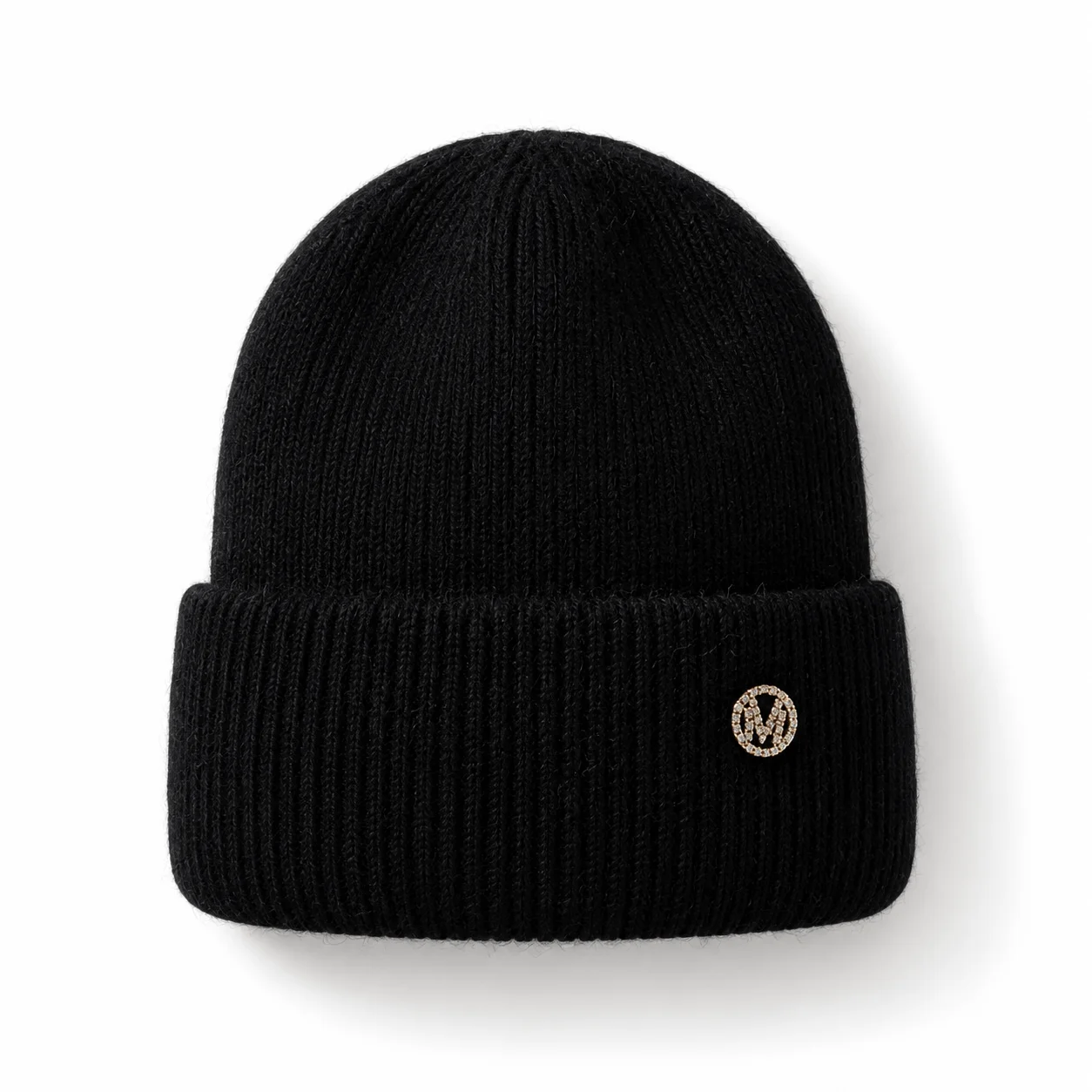 All‑match Woolen Yarn No‑brim Beanie Solid‑color Knitted Hat, Sparkly Metal Rhinestone Badge Warm Winter Daily‑wear Skull Cap