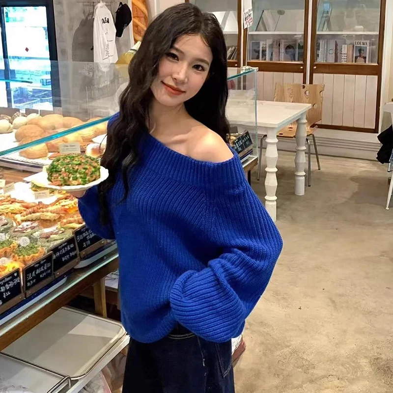 

Loose Knitted Korean Sle One oulder Klein Blue Women's Sweater Autumn Winter New Arrival Comfortable Breathable Long Sve