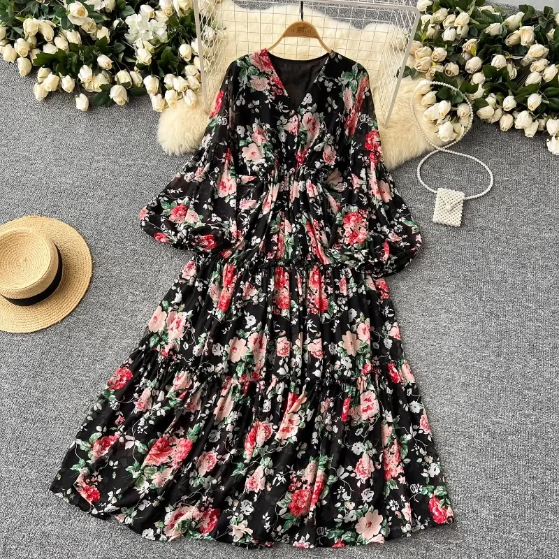 V-neck Lantern Long Sleeve Vestidos Mujer Broken Floral Women 2024 Dresses Autumn New Dress High Waist Vestido Fresh Robes