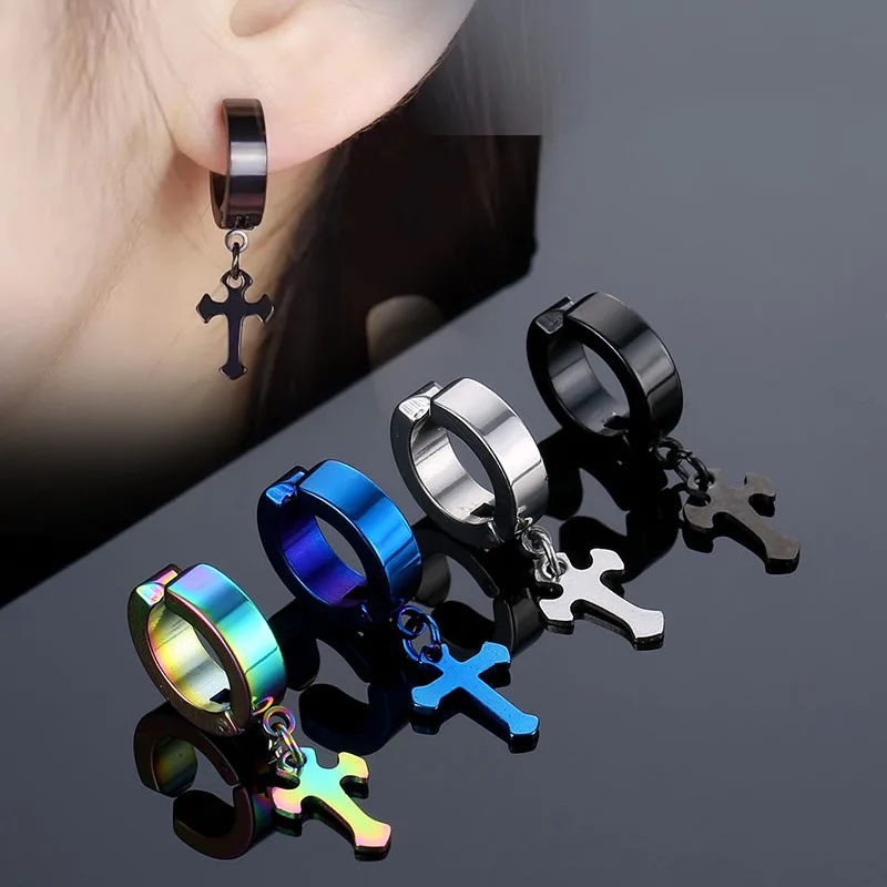 Titanium Steel Cross Pendant Ear Bone Clip No Ear Hole Punk Trend Stainless Steel Fake Earrings For Men And Women