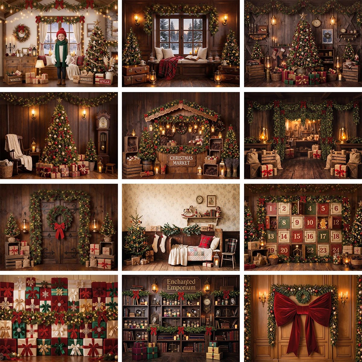 Christmas Themed Retro Wooden Kids Photography Backdrop Multiple Festive Xmas Scene Background Cloth For Holiday Children