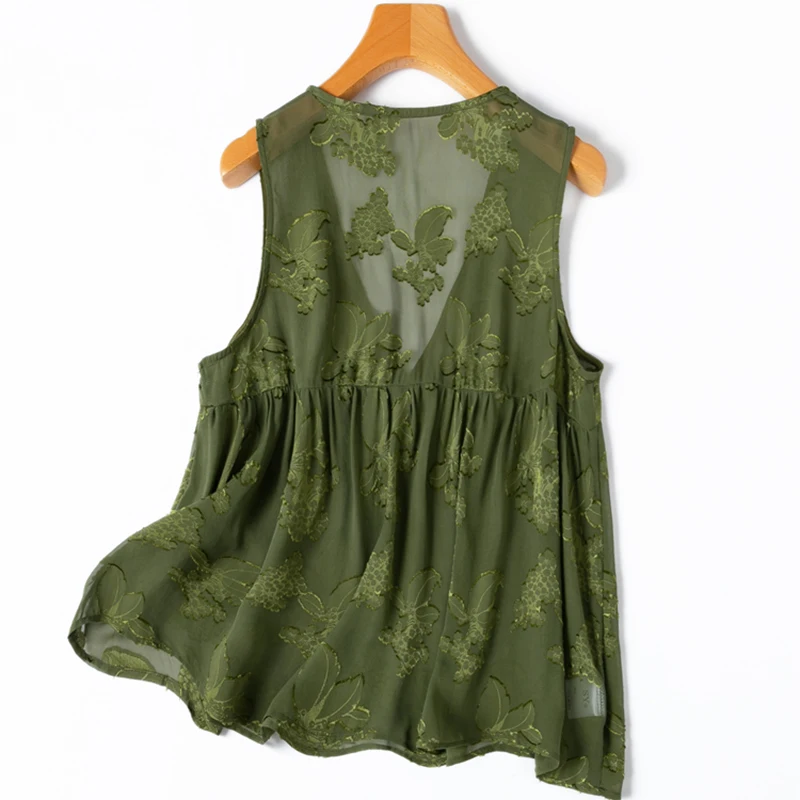 Women Silk Tank Top 100% Mulberry Silk Embroidery Loose Type Thin Olive Green V Neck Vest Sleeveless Top Summer Beach M1176