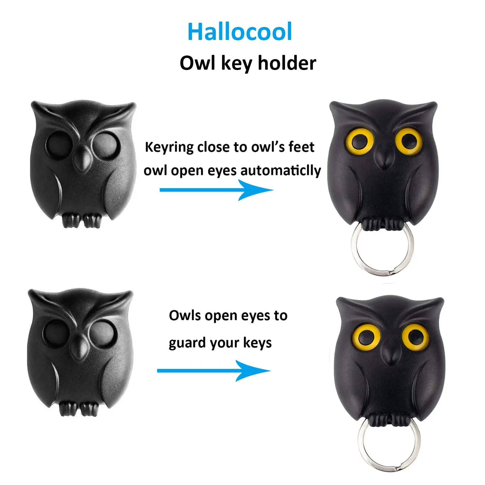 Owl Key Holder Automatic Open Close Eyes Magnetic Night Owl Keying Holder Wall Mounted Key Hooks with Wall Self-Adhesive Tape