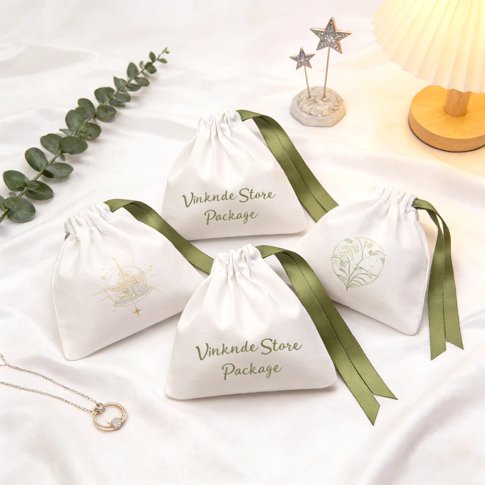

50/100Pcs Personalized Logo White Cotton Jewelry Drawstring Bag Muslin Ribbon Pouch Gift Pocket Wedding Favors Candy For Guests
