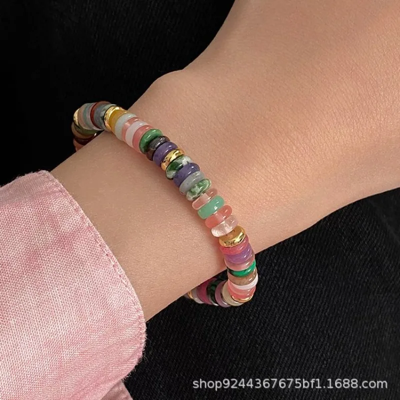 Summer Ins Dopamine Natural Stone Colorful Beaded Bracelet For Women Rainbow Handmade Elastic Cord Lucky Fortune Blessing Charm