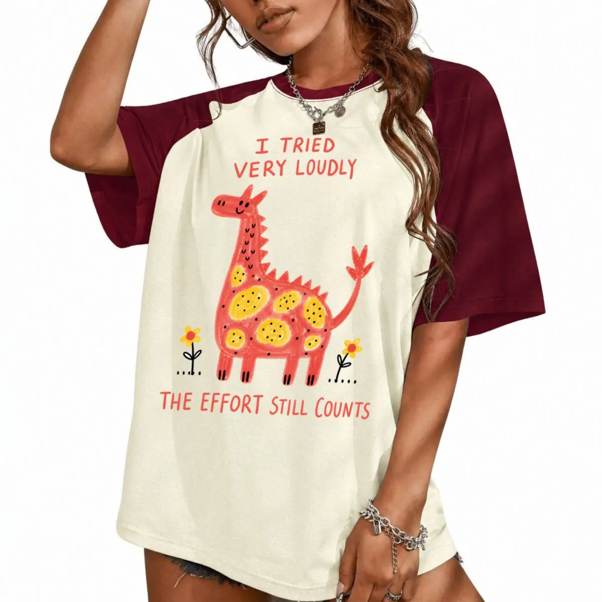 

"The Effort Still Counts" Dinosaur T-Shirt Vintage Raglan Sleeve Cotton Short Sleeve Tees Women's Casual American Style Tshirt