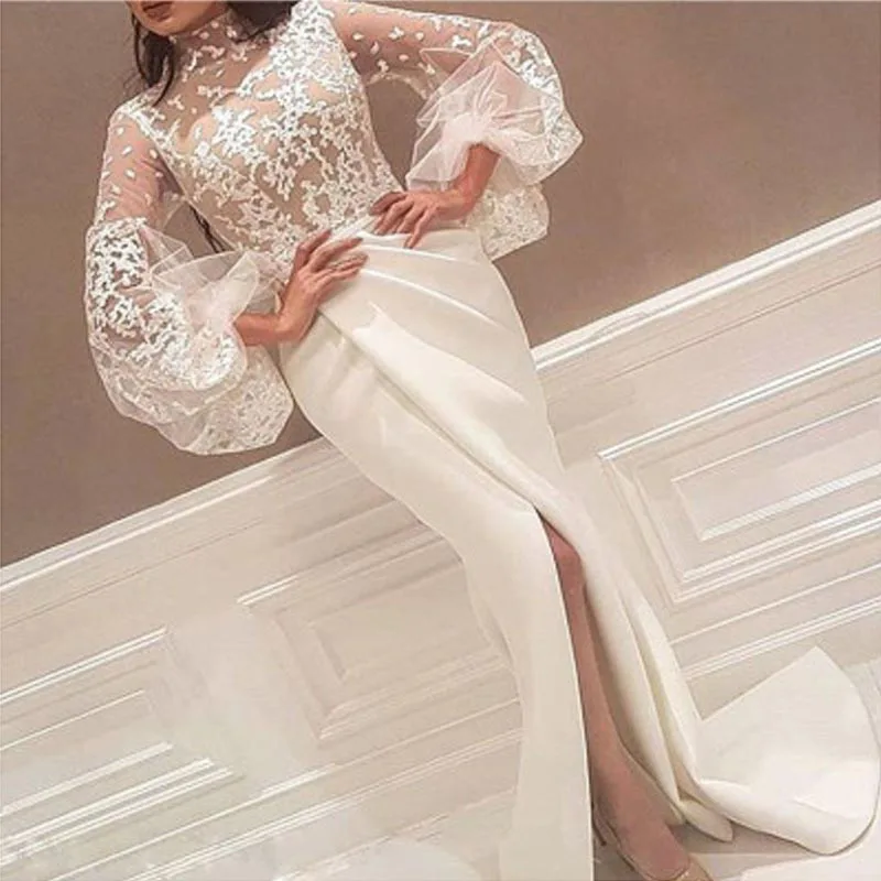 Women's Lace Split Evening Dress round Neck Long Sleeve H-Shape High Waist Zipper Closure Bubble Sleeve Pure Color Commute Style