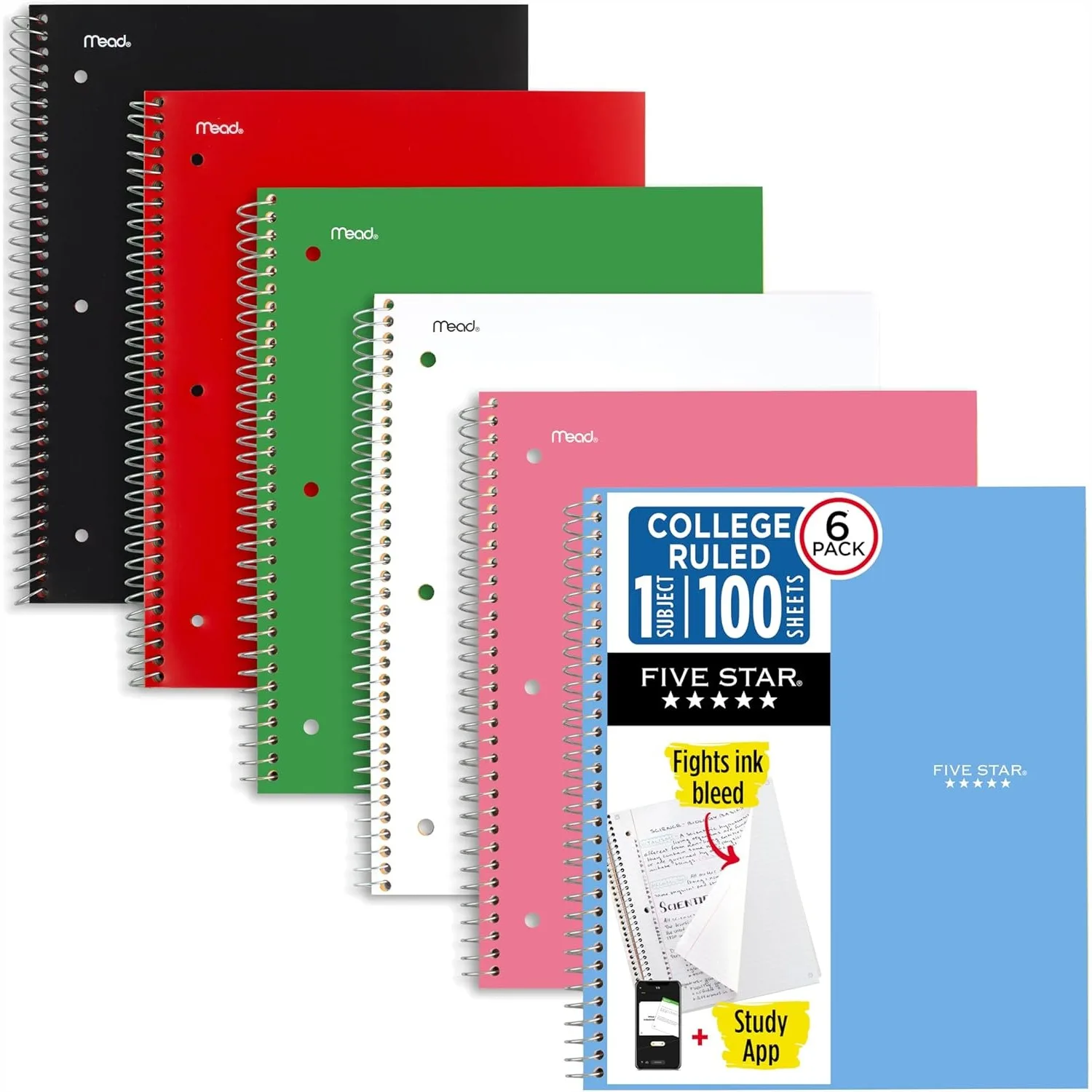 

Spiral Notebook 6 Pack with Study App, 1 Subject College Ruled 8.5x11, 100 Sheets, Assorted Colors