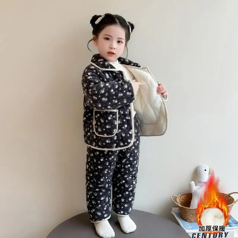 Girl Three-Layer Cotton Padding Pajamas Two-Piece Set Winter Thicken Tops Pants Homewear Keep Warm Child Kawaii Casual Clothing
