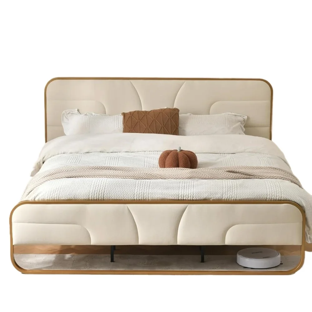 Rounded Metal Upholstered Bed King w/Unique Headboard,Soft Velvet Platform Bed Storage Supported by Metal Base and Wooden Slats