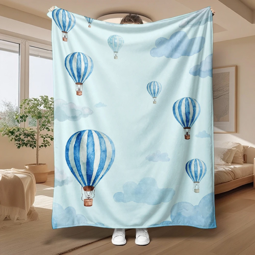 Watercolor Hot Air Balloons, Gift for Travelers, Soft Fleece Blanket, Blue Sky Cloud Pattern, Home Decor, Cozy Multi-Purpose Thr