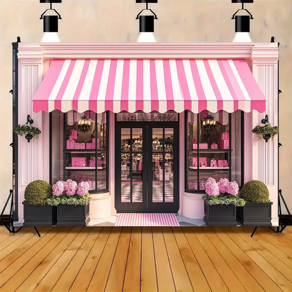 1 rosa Pariser Hintergrund mit Boutique-Motiv, Markise, Blumen- und Holzbodenelementen – für Requisiten