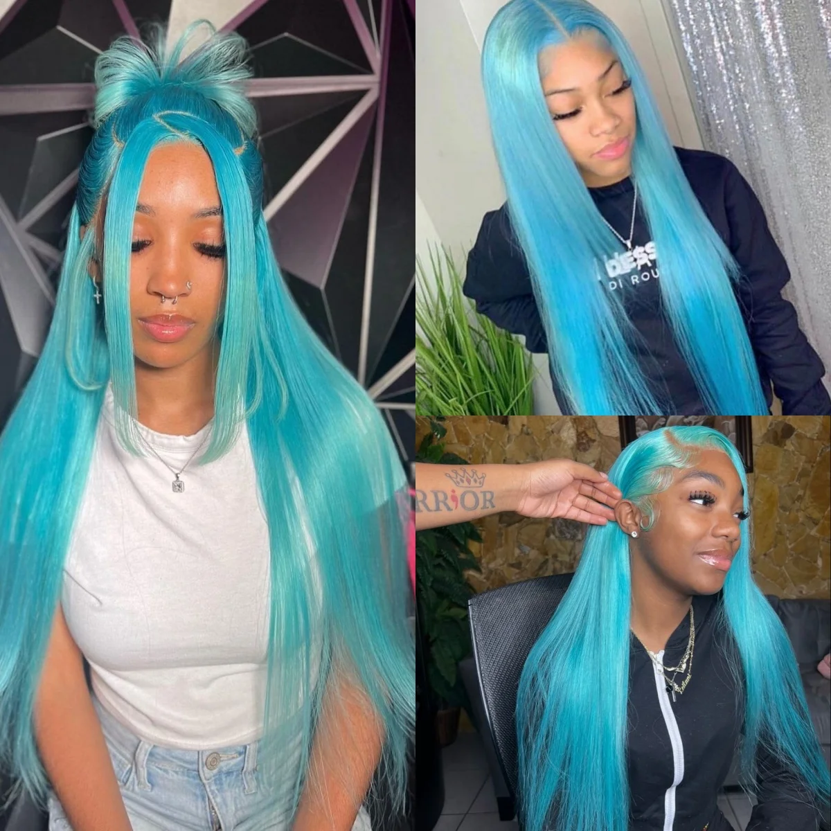 13x4 Light Blue Long Silky Straight Synthetic Lace Front Wig Free Part Natural Looking Colored Wig for Women Daily Party Cosplay