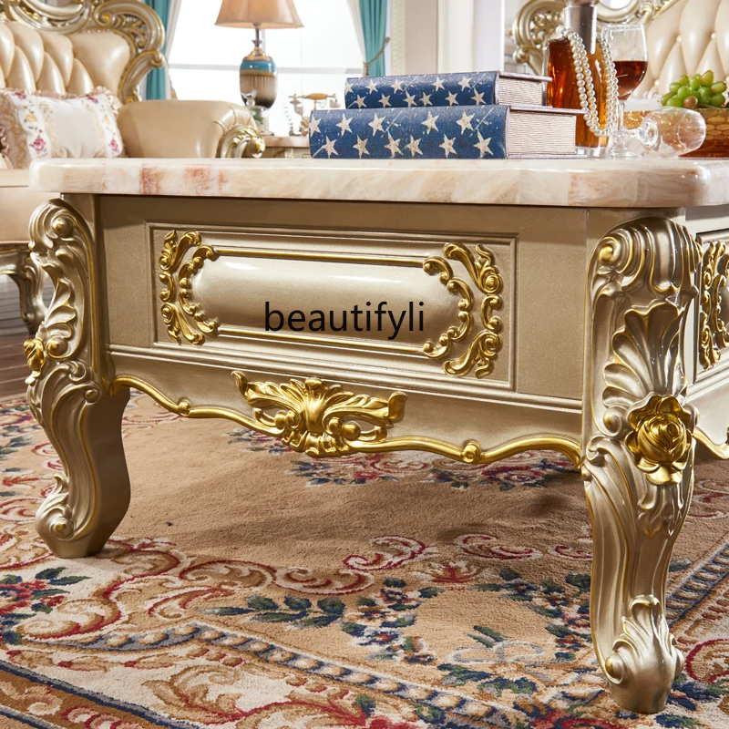 European Coffee Table Wood Carved American Marble Living Room Neoclassical Tea Table TV Cabinet