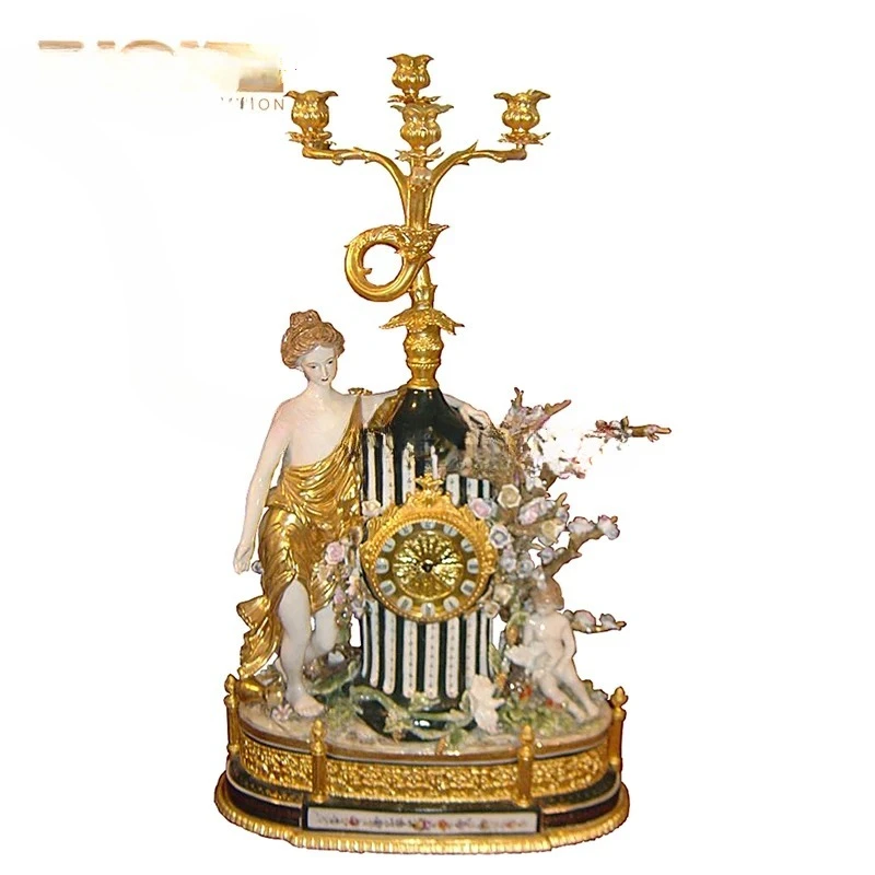 Elegant 35-Inch High Porcelain Floral Fairy Maiden Winged Cherub Table Clock Gilded Brass Candleholders Home Decor Villa