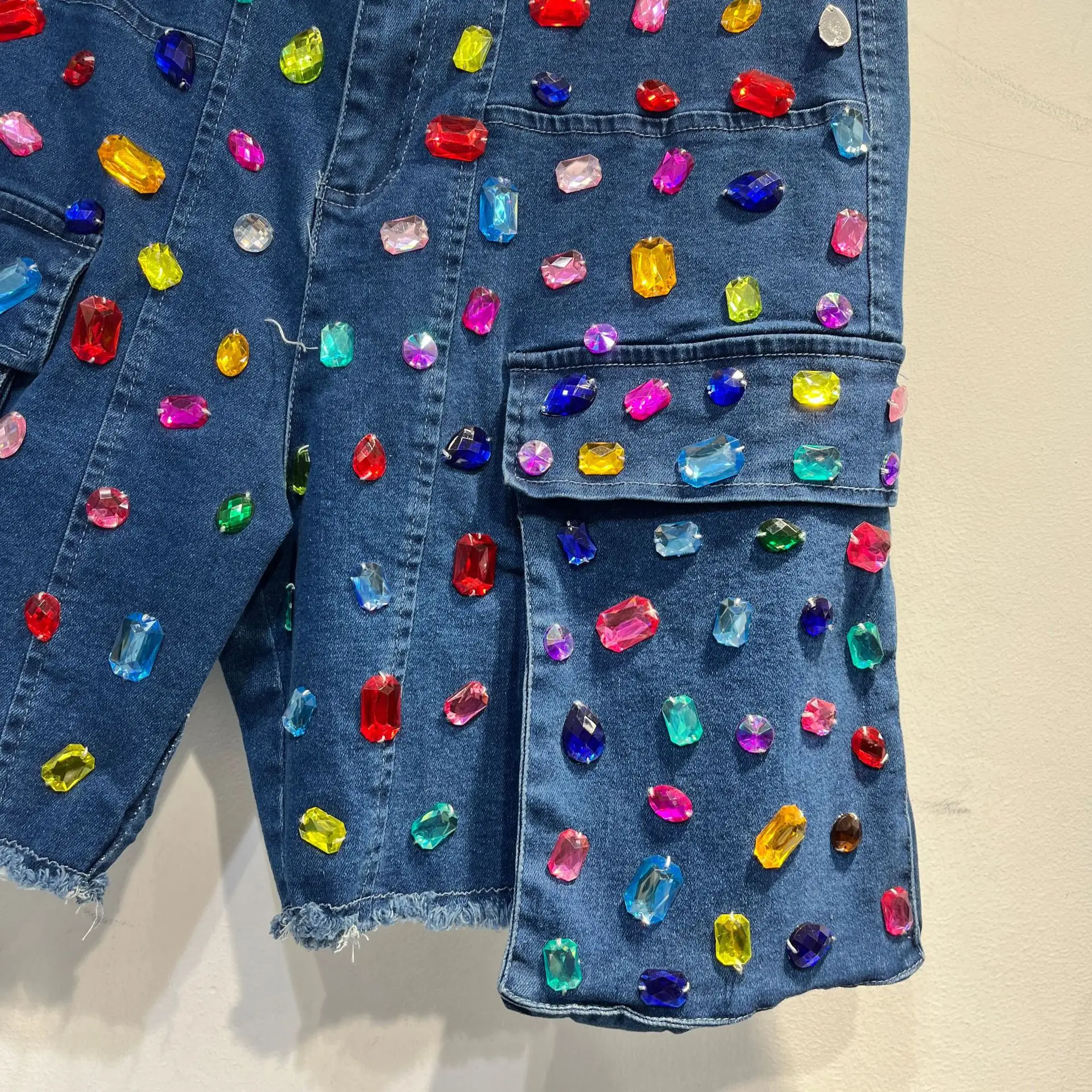 Design Sense Heavy Industry Color Diamond Denim Shorts Women's Summer New High Waist Loose Wide Leg Booty Shorts