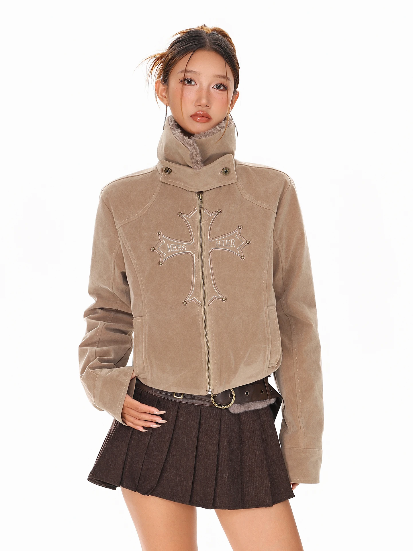 

Boeax Women's Cotton Jaet with Embroidered Collar Casual Sle Cross ape Winter Outerwear Vintage Straight Cut Long Sve