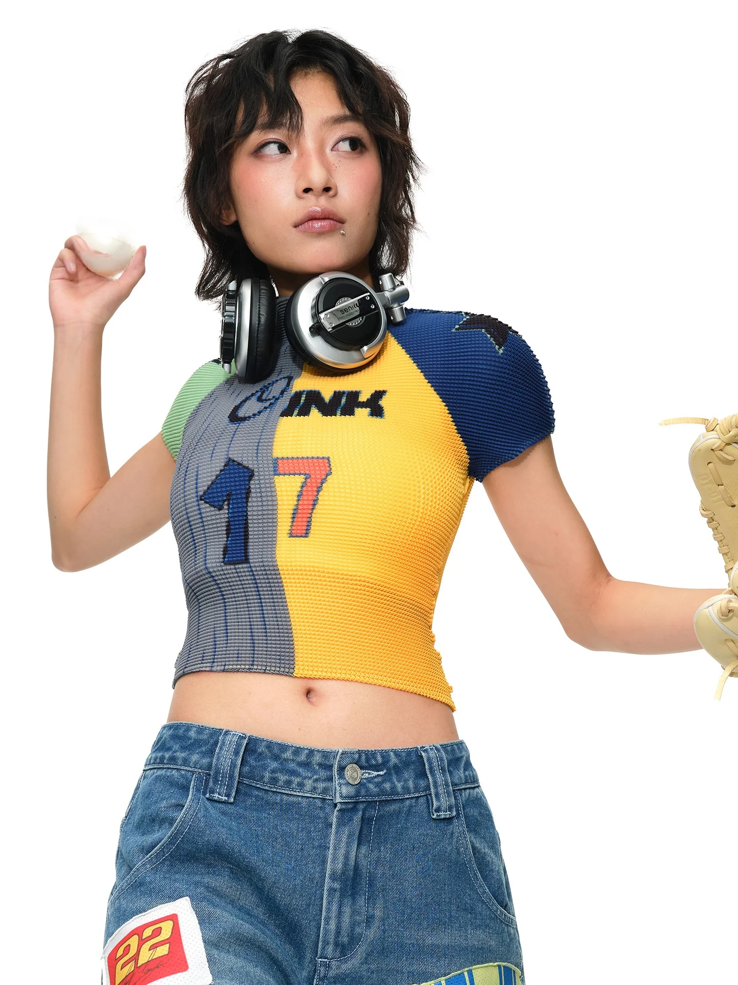 Slim Fit Spicy Girl T-Shirt Shoulder Sleeve Insert Elastic Pleated Half High Collar Short Sleeve Casual Style Polyester Fabric