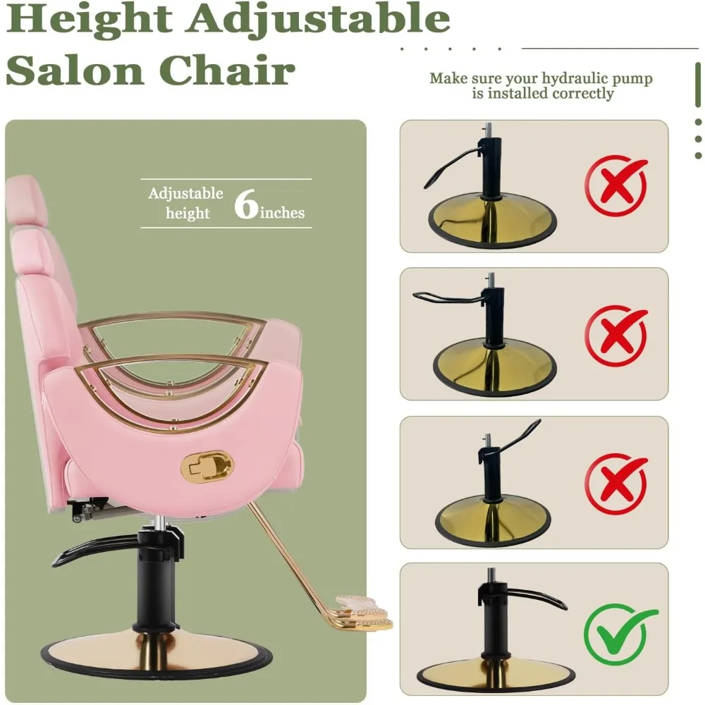 

Pink Reclining Salon Barber Chair for Hair Stylist, Hydraulic Pump Hair Salon Chair, 360° Swivel Styling Chair