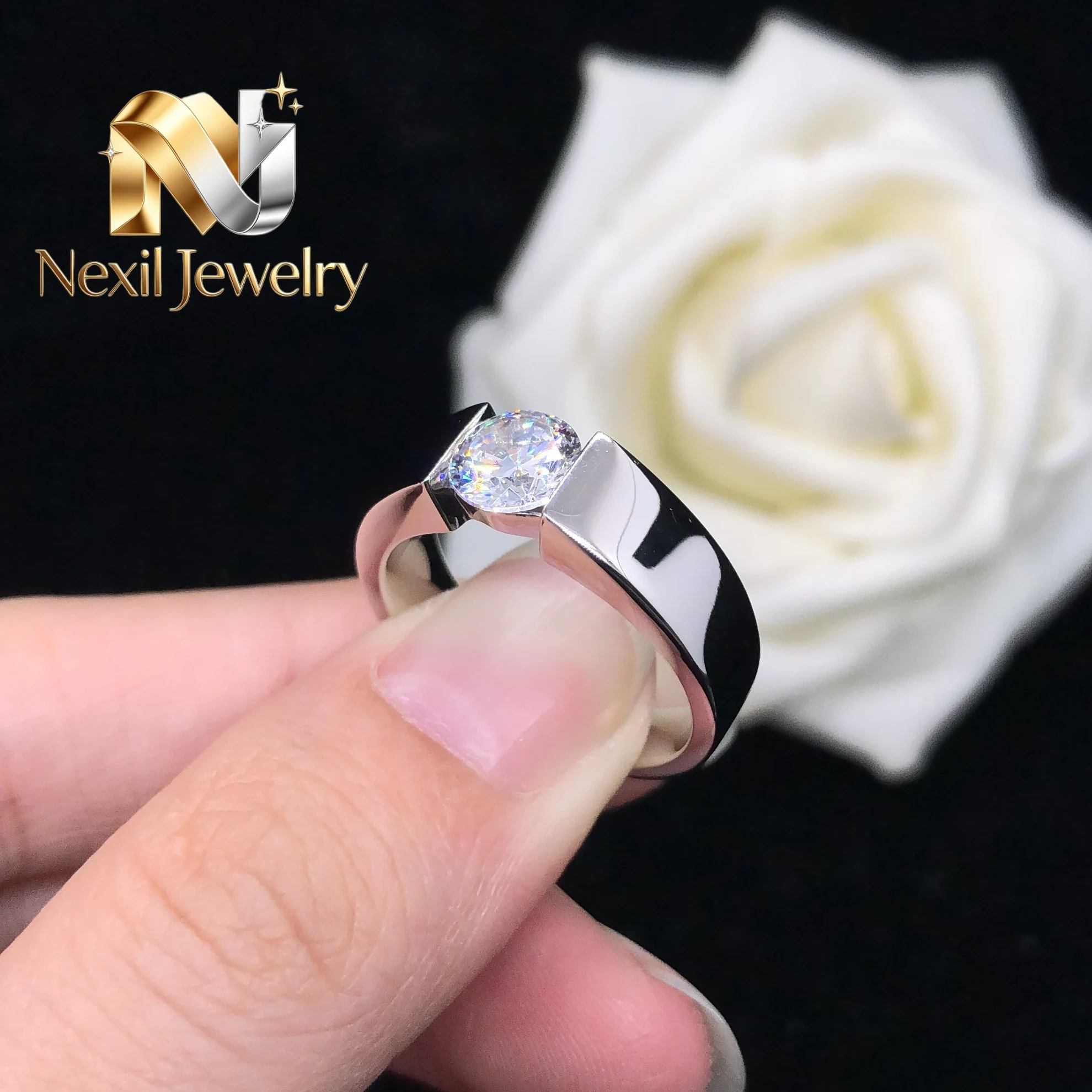 Nexil Jewelry  Hearts & Arrows 1Ct 6.5mm Round Cut Diamond Promise Ring Engagement Women Ring Platinum 950 Jewelry R054
