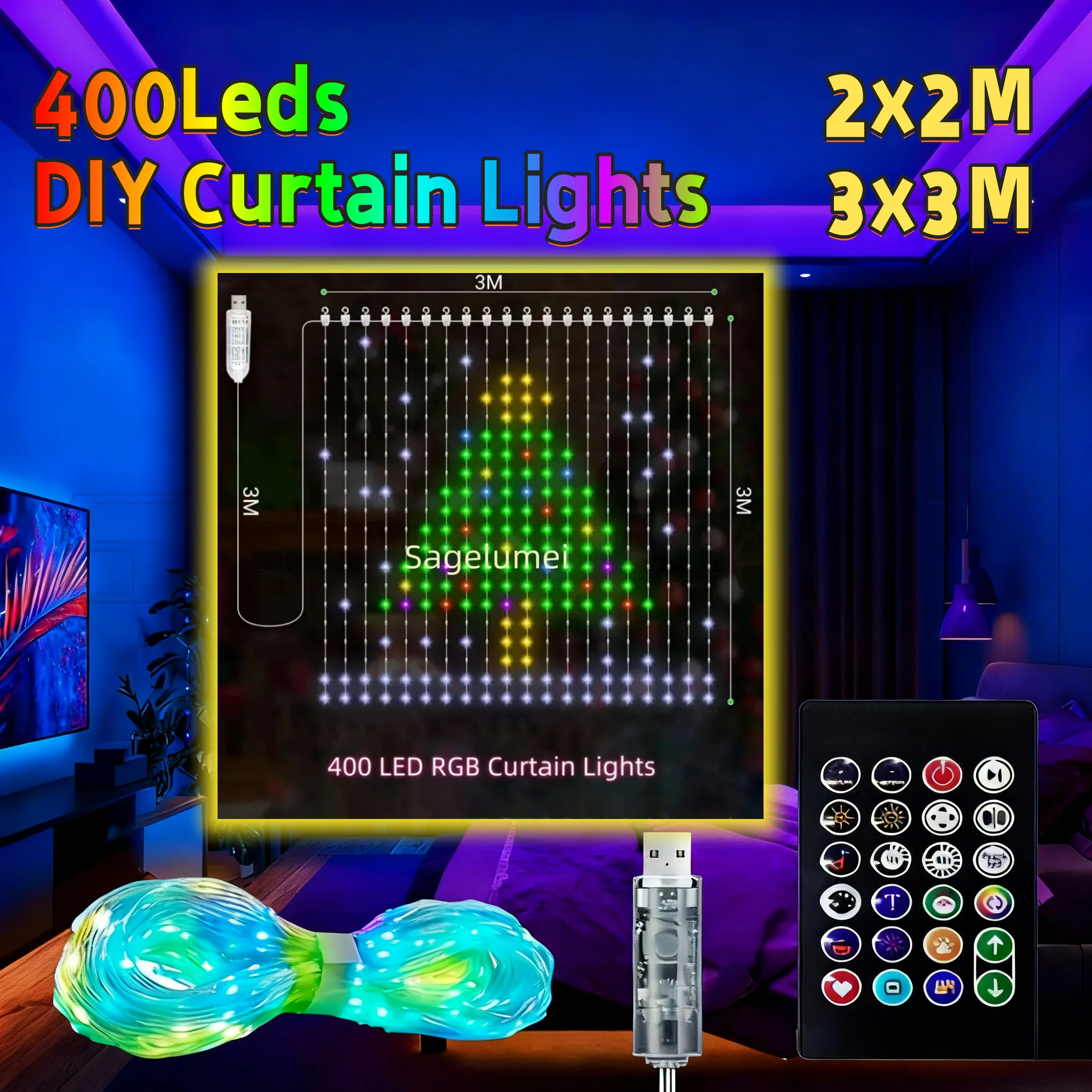 

RGB гирлянды DIY 400 светодиодов умные шторы Bluetooth приложение светодиодные гирлянды с изменением музыки для украшения окна спальни