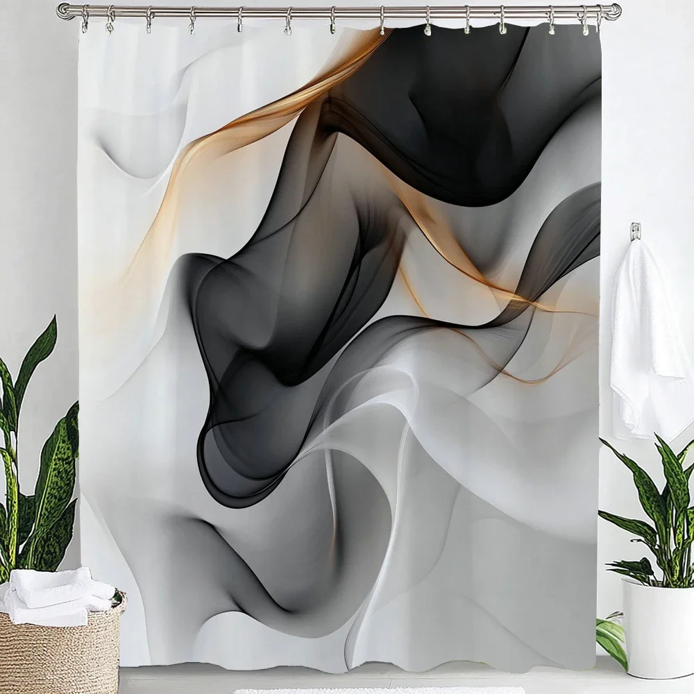 1pc Fluid Modern Geometric Black Brown Shower Curtain,Bathroom Decorative Curtain, Printed Fabric Home Curtain with Hooks