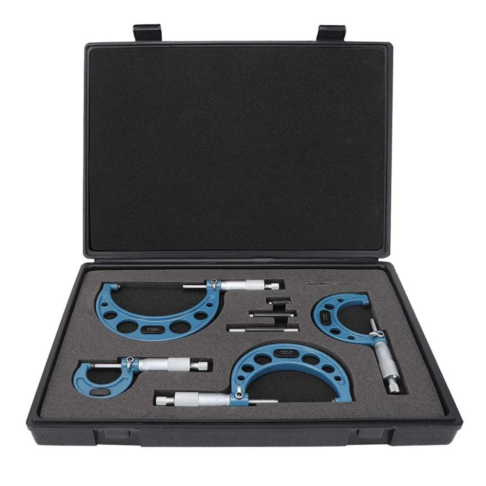 Set di micrometri esterni, 0–25 mm, 25–50 mm, 50–75 mm, 75–100 mm, 0,01 mm, strumento di misurazione a micrometro, utensili di misurazione a micrometro, 4 pezzi