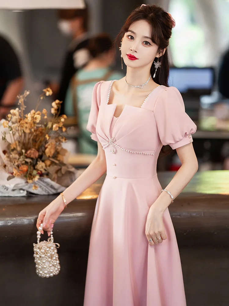 

Pink Bridesmaid Dress Pearls Beading Bow A-Line Evening Dress Simple Elegant Mid-Length Party Princess Gowns
