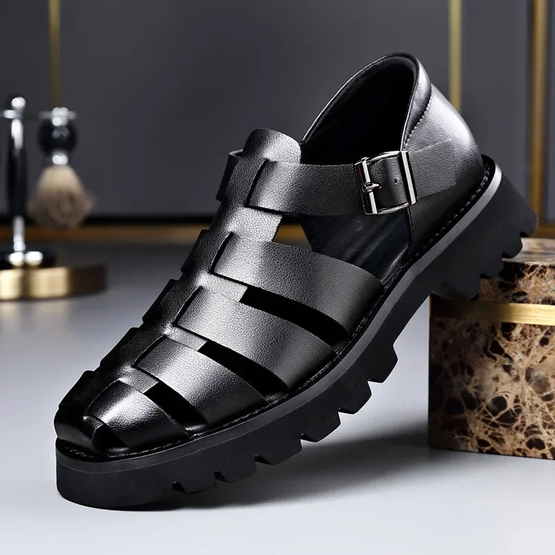 Cow Leather Men\'s Sandals Big Size Fashion Casual New Designer Increase Hallow Out Roman Shoes Male Black Platform Sandals Man