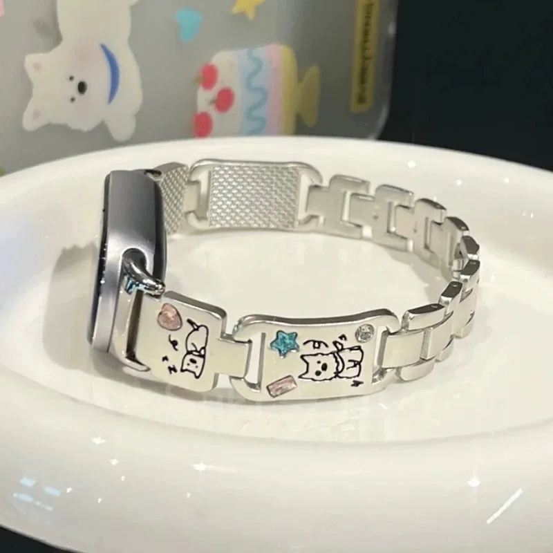 Tali Logam untuk Xiaomi Band 9 Gelang Jam Baja Tahan Karat untuk Xiaomi Band 8 Jam Tangan Pintar Gelang Olahraga Korea Gelang Wanita