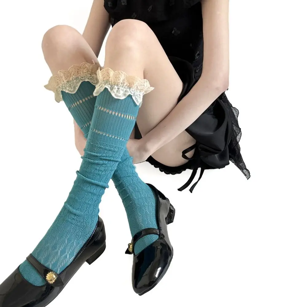 Kawaii Lace Trim Knee-high Socks Breathable Hollow Out Calf Socks Odor-resistant Soft Boot Socks Fall Winter