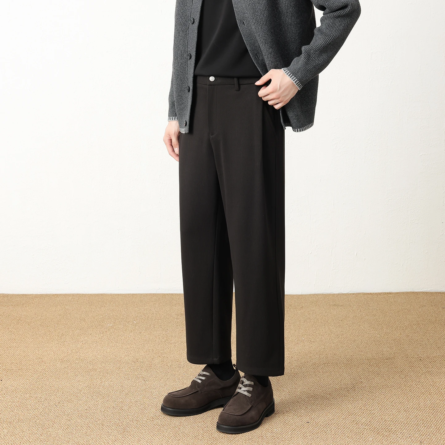 Autumn Winter Men's Straight Leg Loose Cropped Pants Classic Vertical Anti Wrinkle Elastic Waistband Comfortable Soft Wool Pants